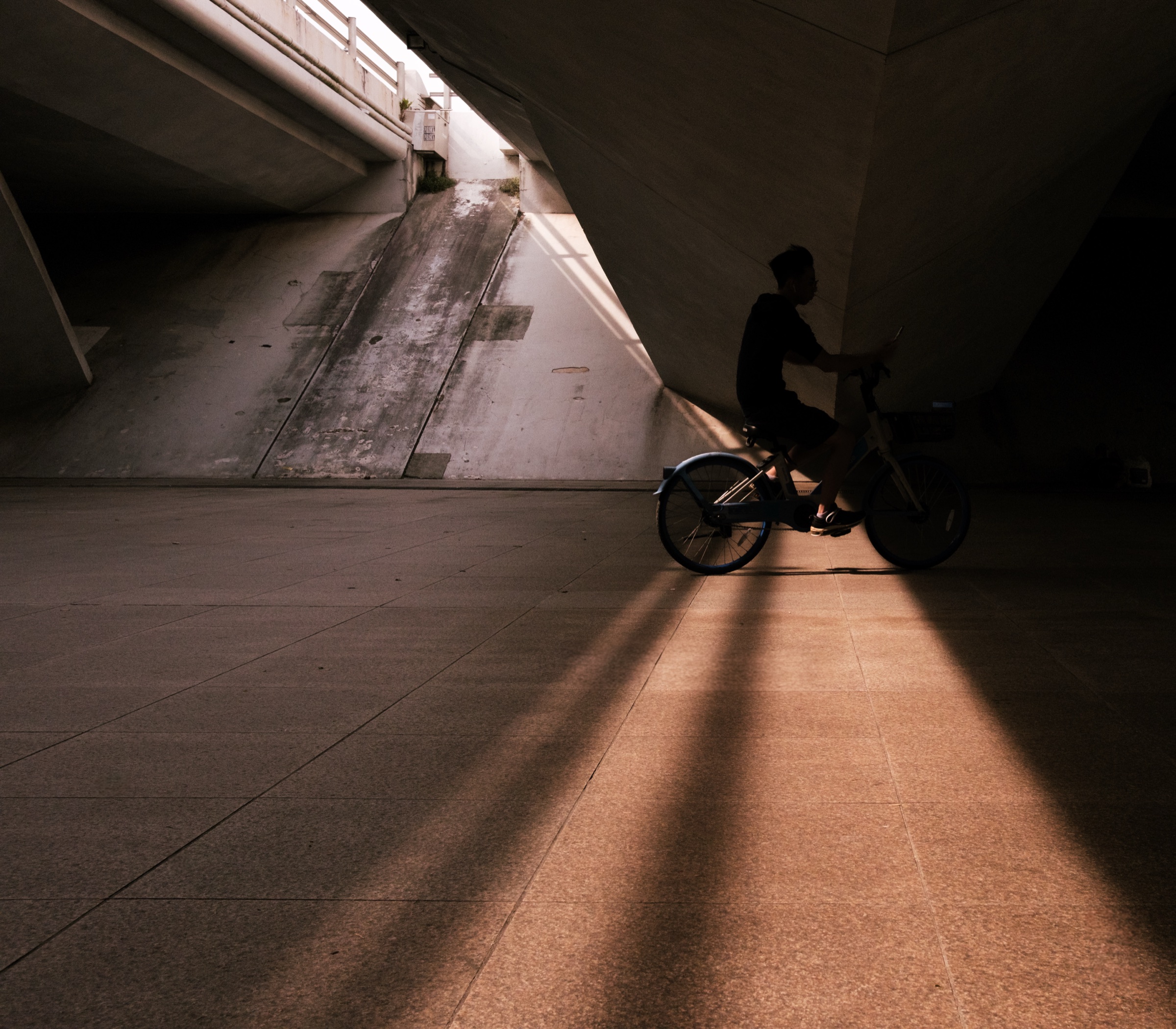 A cyclist riding through a shaft of light under a flyover