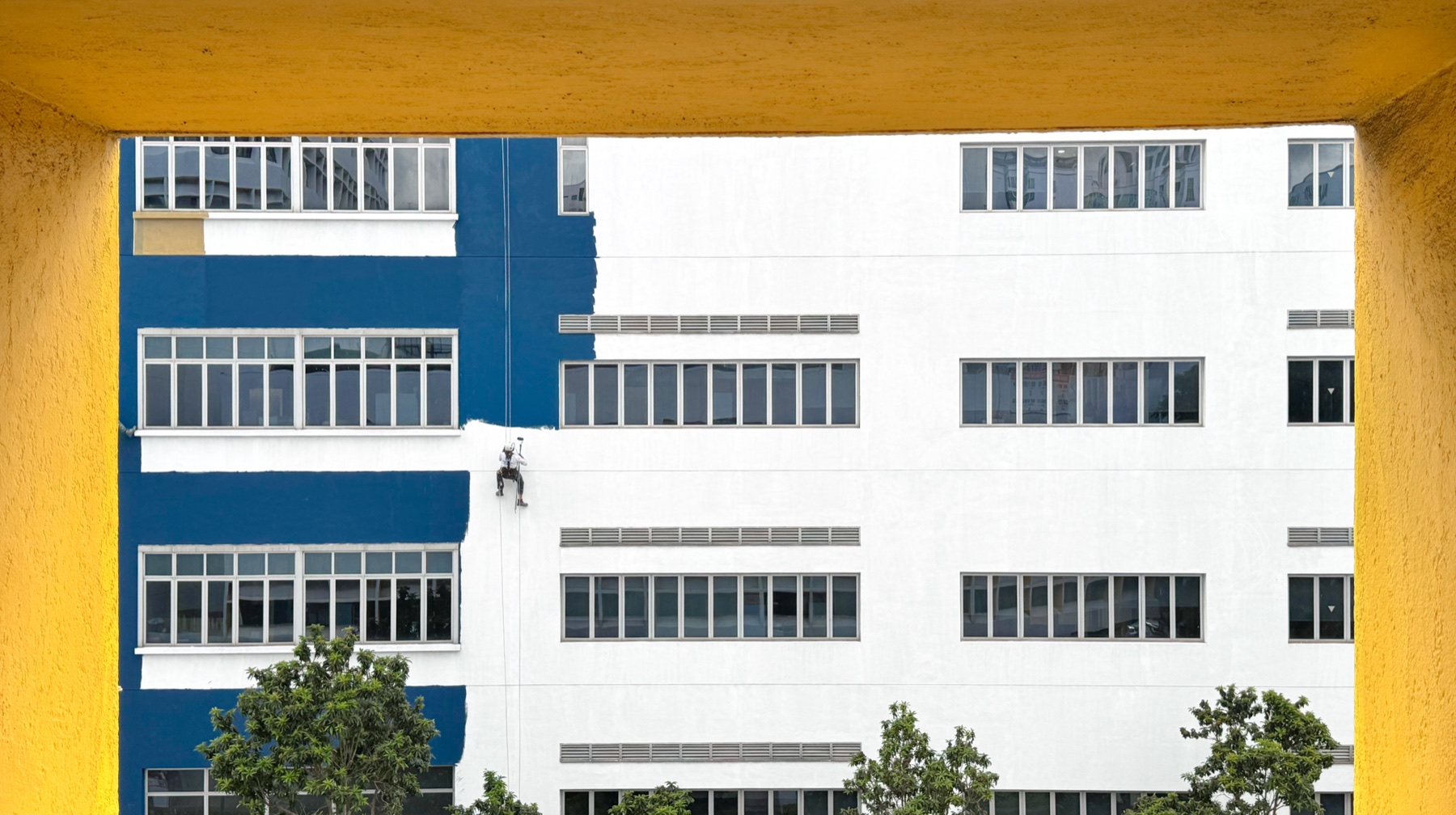 A worker abseiling down a blue and white facade, framed by a yellow wall
